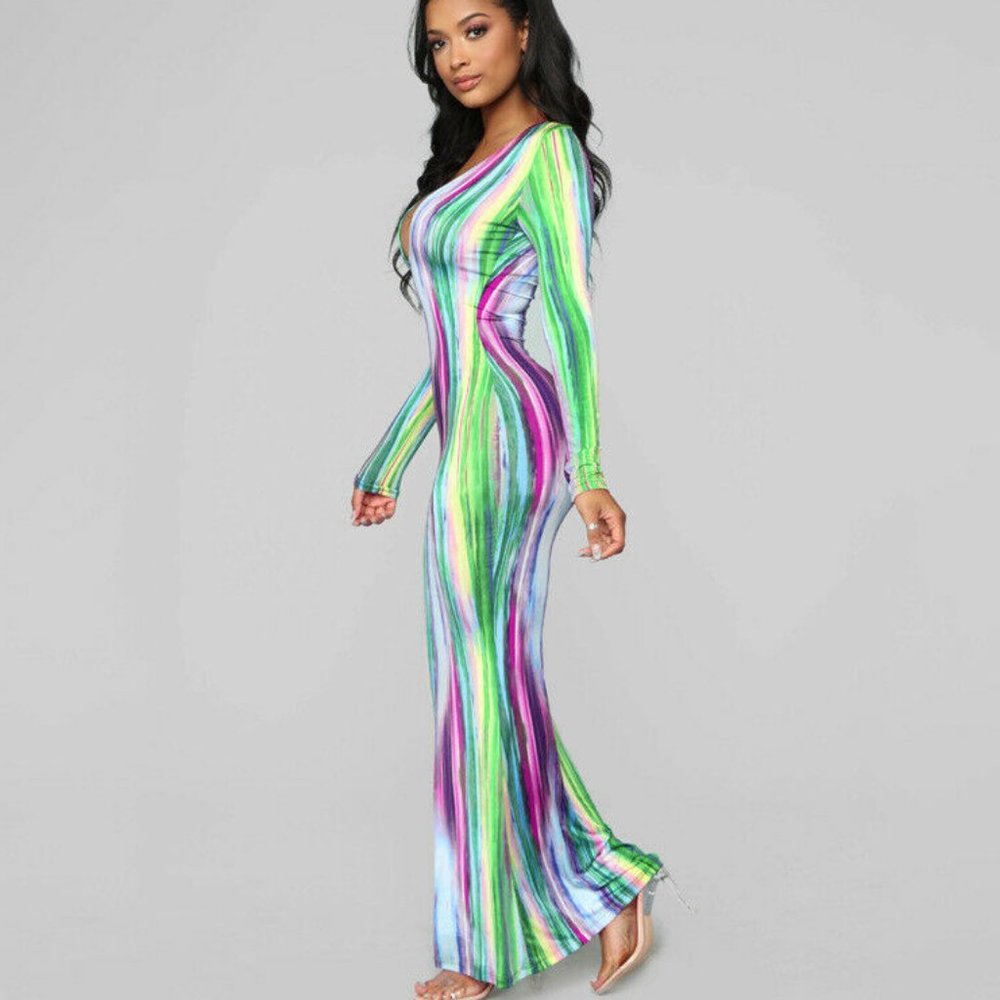 Long Sleeve Colorfull V-Neck BODYCON Dress